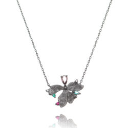Colar Longo Meia Flor Fosca Com Pedras Coloridas Delicadas Rodio Negro