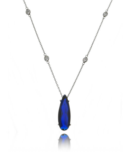 Colar Longo Gotinha Fina Azul Safira Rodio Negro Corrente Pontos De Luz