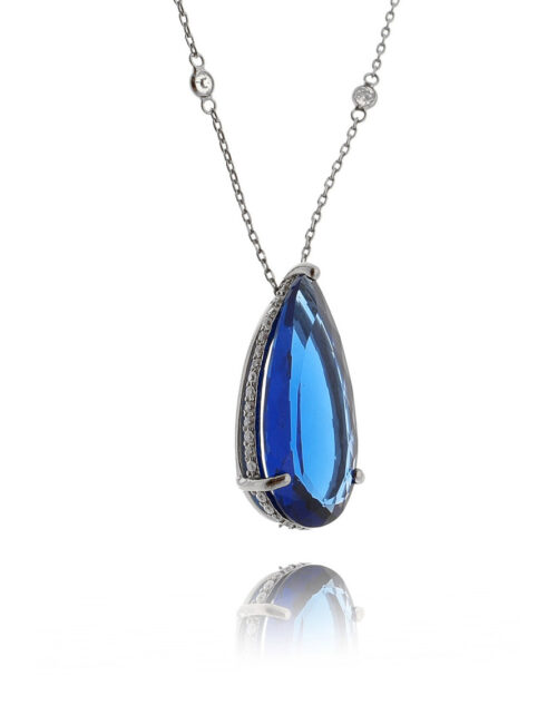 Colar De Gota Alongada Grande Safira Com Galeria Cravejada Colar Tiffany Rodio Negro Semi Joias De L