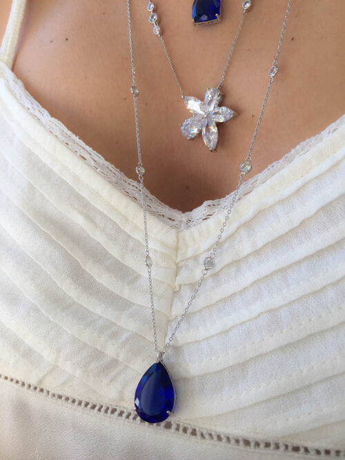Colar De Gota Grande Azul E Corrente Tiffany Longa Rodio - Image 2