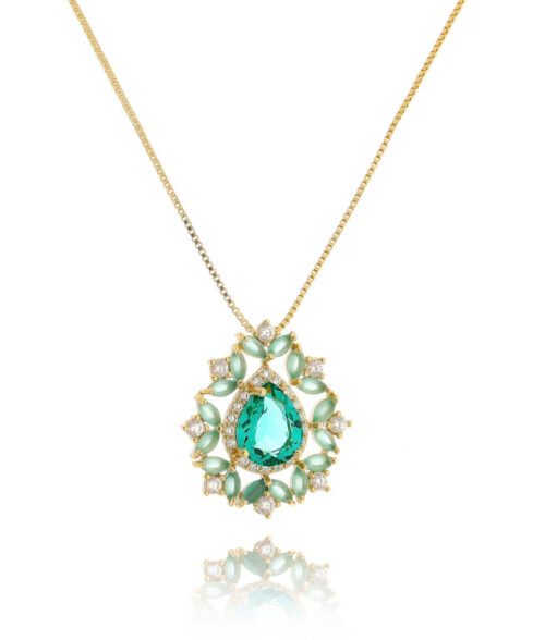 Colar De Gota Luxury Dourado Zirconias Turmalina Semi Joias Fashion