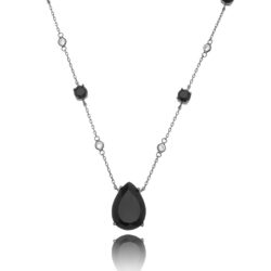 Colar Luxo De Gota Preta Com Pedrinhas Na Corrente Cartier Rodio Negro Semijoia