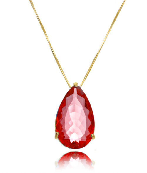 Colar Dourado De Gota Grande Rubi Semi Joia Fina