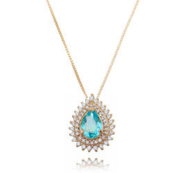 Colar De Gotinha Agua Marinha Zirconias Brancas Dourado Semi Joias