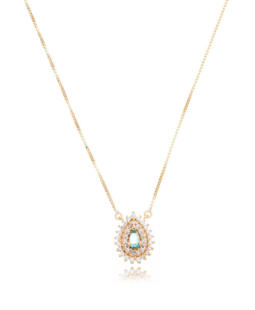 Colar De Gotinha Pequena Agua Marinha Cravejada Zirconias Estilo Princess Prata 925 Banho Ouro