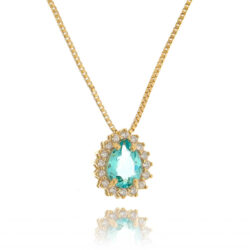 Colar Gotinha Dourado Cravejado Zirconias Agua Marinha Semi Joia