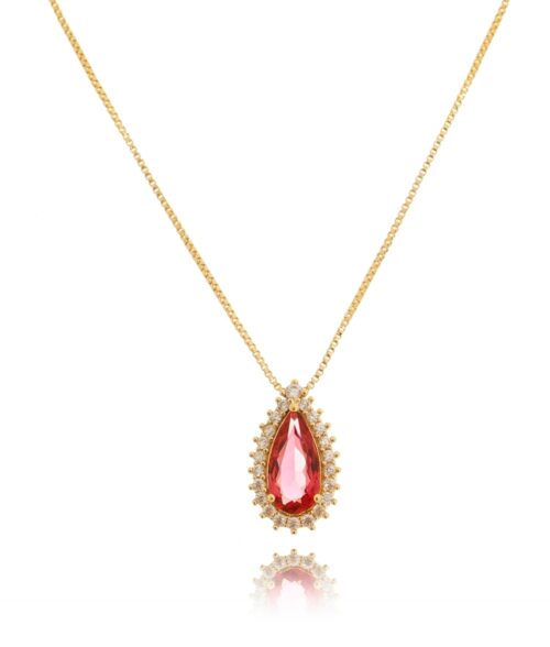 Colar Dourado Com Pingente De Gota Alongada Rubelita E Zirconias Brancas