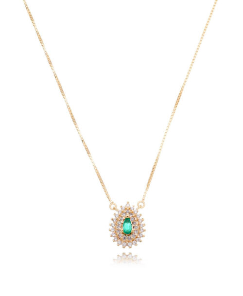 Colar Mini Gotinha Esmeralda Cravejada Por Duas Fileiras Zirconias Joia Prata 925 Banho Ouro