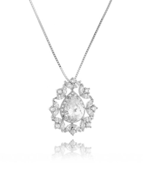 Colar Gotinha Luxuosa Zirconias Brancas Rodio Semi Joia Fina
