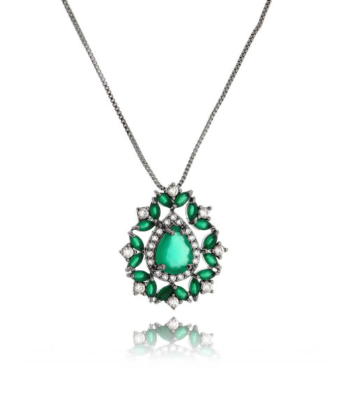 Colar De Gota Luxury Rodio Negro Com Zirconias Esmeralda Semi Joias Fashion