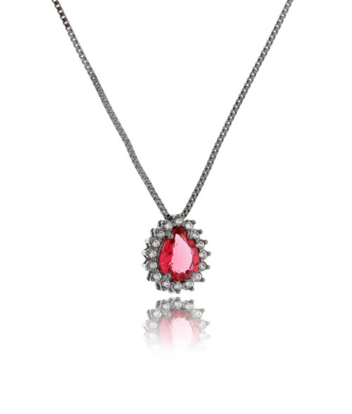 Colar Semi Joia De Gota Rubi Brilhante Cravejado Rodio Negro