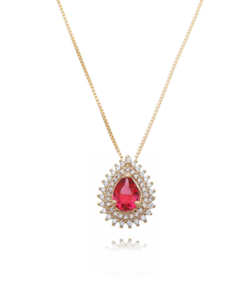 Colar De Gotinha Rubelita Zirconias Brancas Dourado Semi Joias