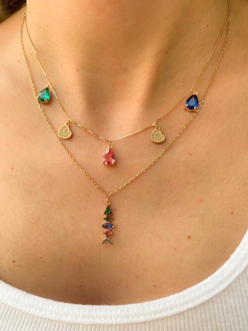 Colar De Coraçõezinhos E Gotinhas Rainbow Prata 925 Banho Ouro - Image 2