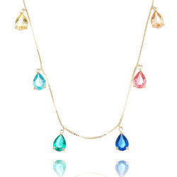 Colar Prata 925 De 6 Gotinhas Rainbow Coloridas Banho Ouro