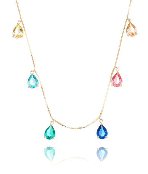 Colar Prata 925 De 6 Gotinhas Rainbow Coloridas Banho Ouro