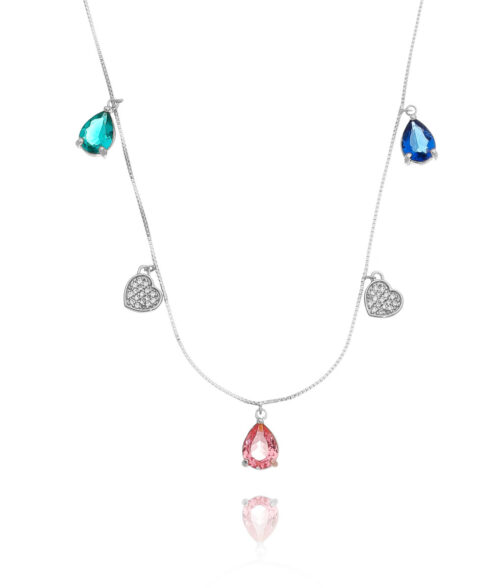 Colar De Coraçõezinhos E Gotinhas Rainbow Prata 925