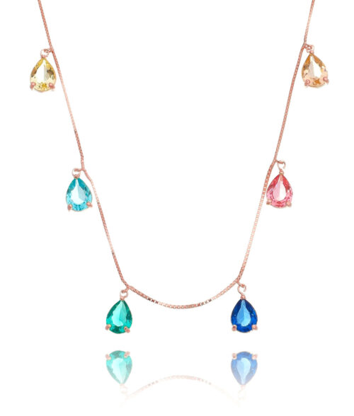 Colar Prata 925 De 6 Gotinhas Rainbow Coloridas Rosé