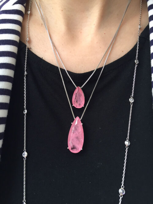 Colar De Gota Alongada Turmalina Rosa Fusion Rodio Branco Semi Joia - Image 3