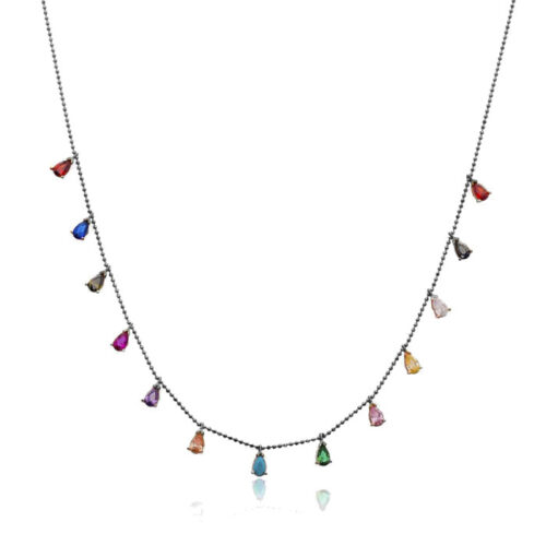 Colar De Gotinhas Coloridas Cravejadas Em Zirconias Prata 925 Rodio Negro