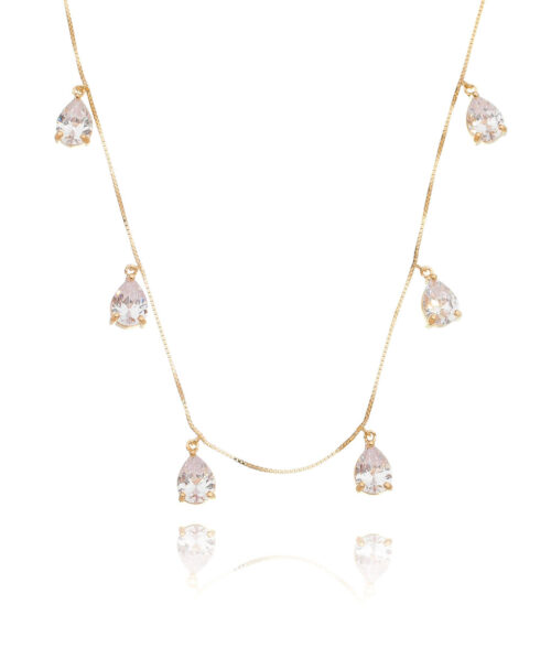 Colar Prata 925 De 6 Gotinhas Zirconias Brancas Banho Ouro