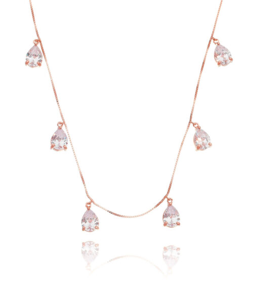 Colar Prata 925 De 6 Gotinhas Zirconias Brancas Rosé