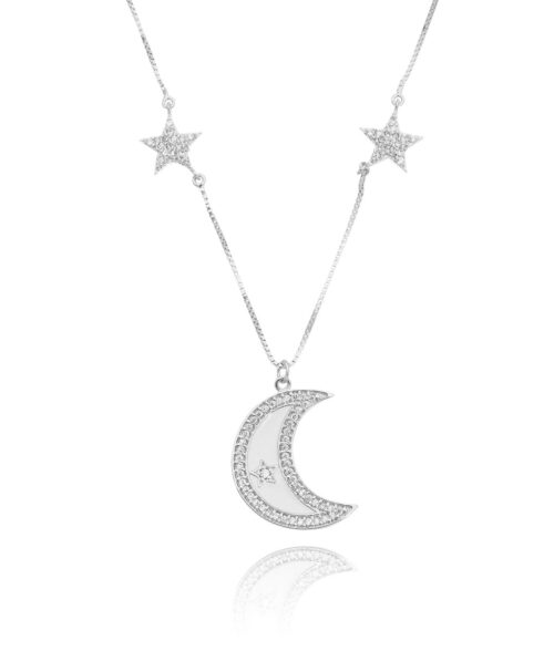 Colar De Lua Cravejada E Esmaltada Com 2 Estrelas Prata 925
