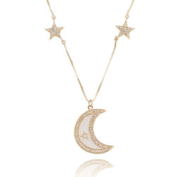 Colar De Lua Cravejada E Esmaltada Com 2 Estrelas Prata 925 Banho Ouro