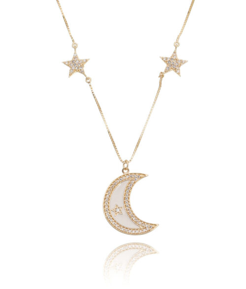 Colar De Lua Cravejada E Esmaltada Com 2 Estrelas Prata 925 Banho Ouro