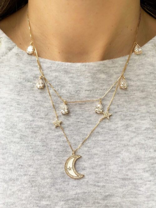 Colar Prata 925 De 6 Gotinhas Zirconias Brancas Banho Ouro - Image 2