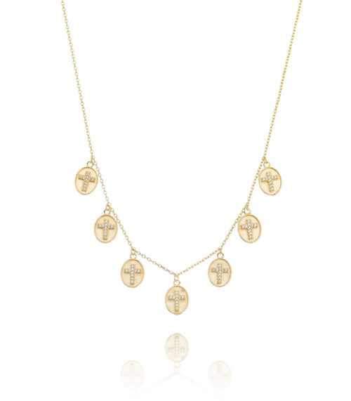 Colar 7 Medalhinhas De Cruz Zirconias Banho De Ouro 18K