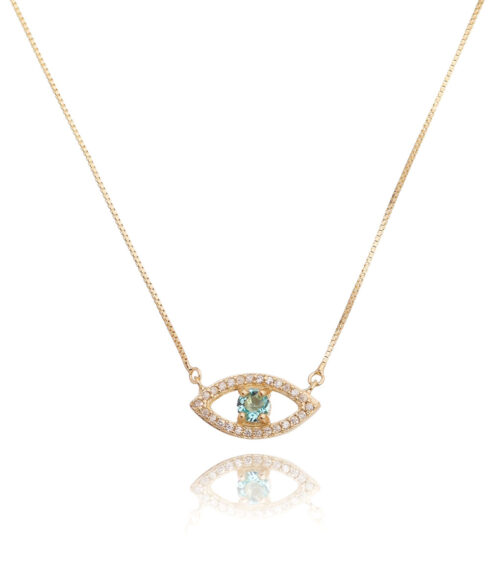 Colar Evil Eye Agua Marinha Cravejado Zirconias Prata 925 Banho Ouro