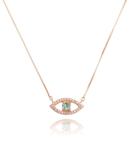 Colar Evil Eye Agua Marinha Cravejado Zirconias Prata 925 Rosé