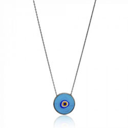 Colar Rústico De Olho Grego Azul Turquesa Esmaltado Prata 925 Ródio Negro