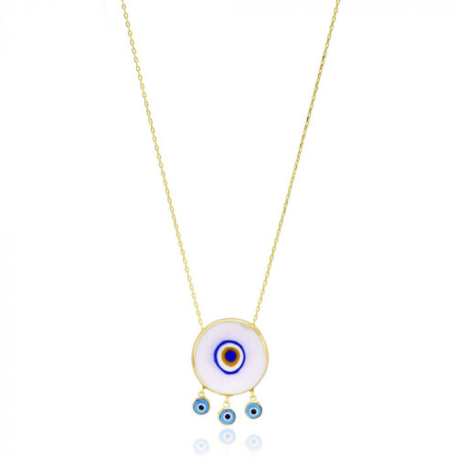 Colar Rústico De Olho Grego Branco Esmaltado Com Olhinhos Prata 925 Dourado