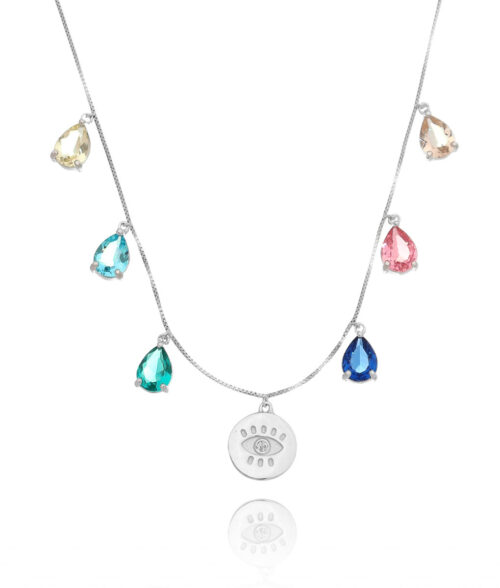Colar Olho Grego E Pingentes De Gotinhas Rainbow Prata 925