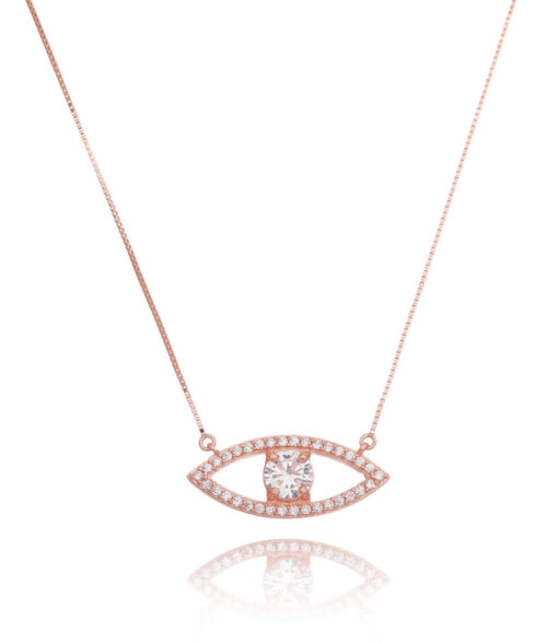 Colar Evil Eye Cravejado De Zirconias Brancas Prata 925 Rosé