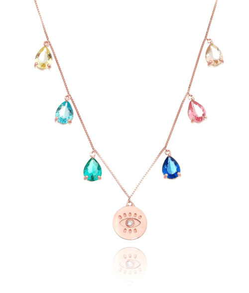 Colar Olho Grego E Pingentes De Gotinhas Rainbow Prata 925 Rosé