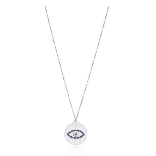 Colar De Olho Grego Esmaltado Branco Cravejado Zirconias Azuis Prata 925