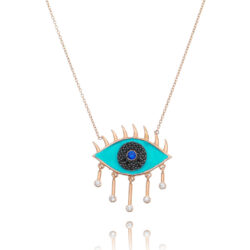 Colar De Olho Grego Prata 925 Resina Turquesa E Zirconias Rosé