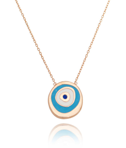 Colar De Olho Grego Prata 925 Rosé Esmaltado Azul, Branco E Turquesa Médio