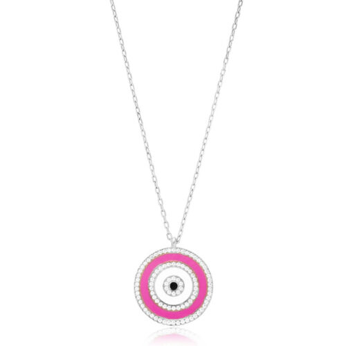 Colar Olho Grego Esmaltado Rosa E Branco Cravejado Zirconias Prata 925