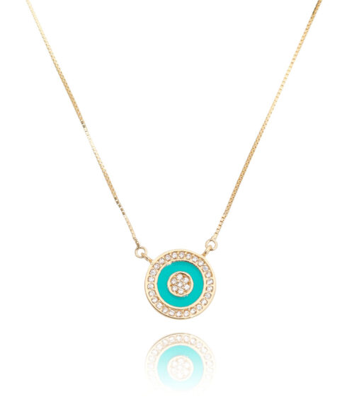 Colar De Olho Grego Esmaltada Verde Tiffany Cravejada De Zirconias Prata 925 Banho Ouro