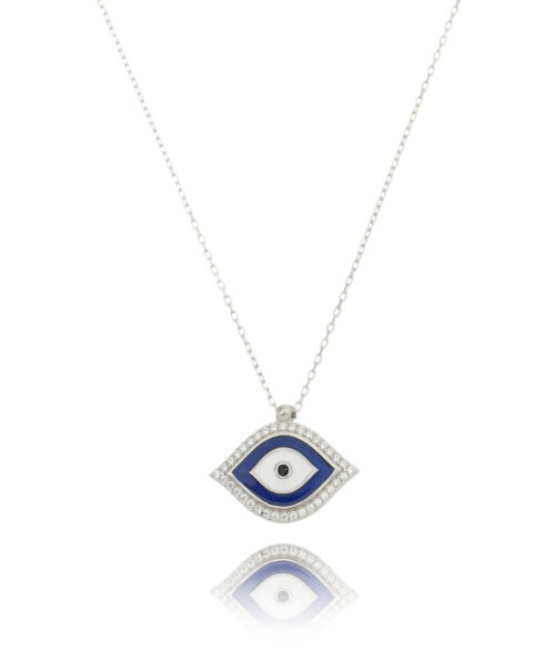 Colar De Olho Grego Resinado Esmalte Branco E Azul Prata 925
