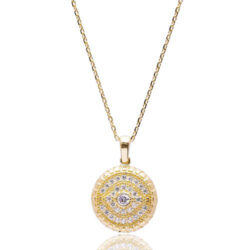 Colar Medalha De Olho Grego Vintage Cravejado Zirconias Prata 925 Banho Ouro