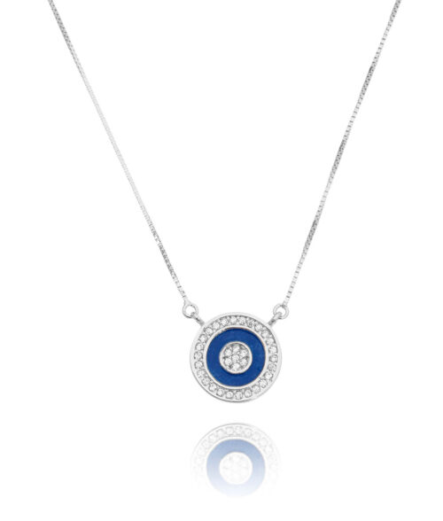 Colar De Olho Grego Esmaltada Azul Cravejada De Zirconias Prata 925