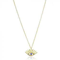 Colar De Olho Grego Pequeno Com Cilios E Pedra Azul Safira Prata 925 Banho Ouro