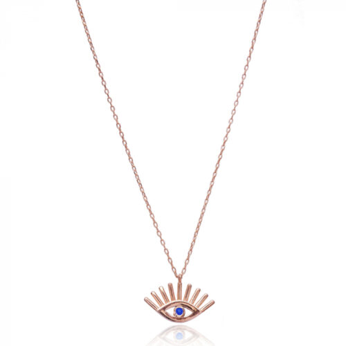 Colar De Olho Grego Pequeno Com Cilios E Pedra Azul Safira Prata 925 Rosé