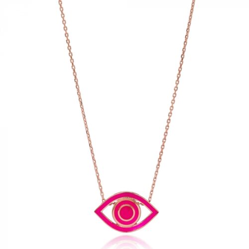 Colar De Olho Grego Prata 925 Pink Neon Esmaltado Rose