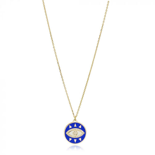 Colar De Olho Grego Esmaltado Azul Cravejado Zirconias Prata 925 Banho Ouro