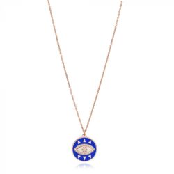 Colar De Olho Grego Esmaltado Azul Cravejado Zirconias Prata 925 Rose